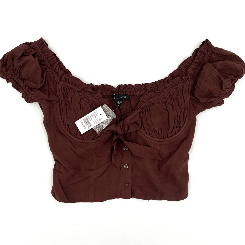 Kendall & Kylie Brown Slightly Cropped Puffed Sleeve Button Top Size S